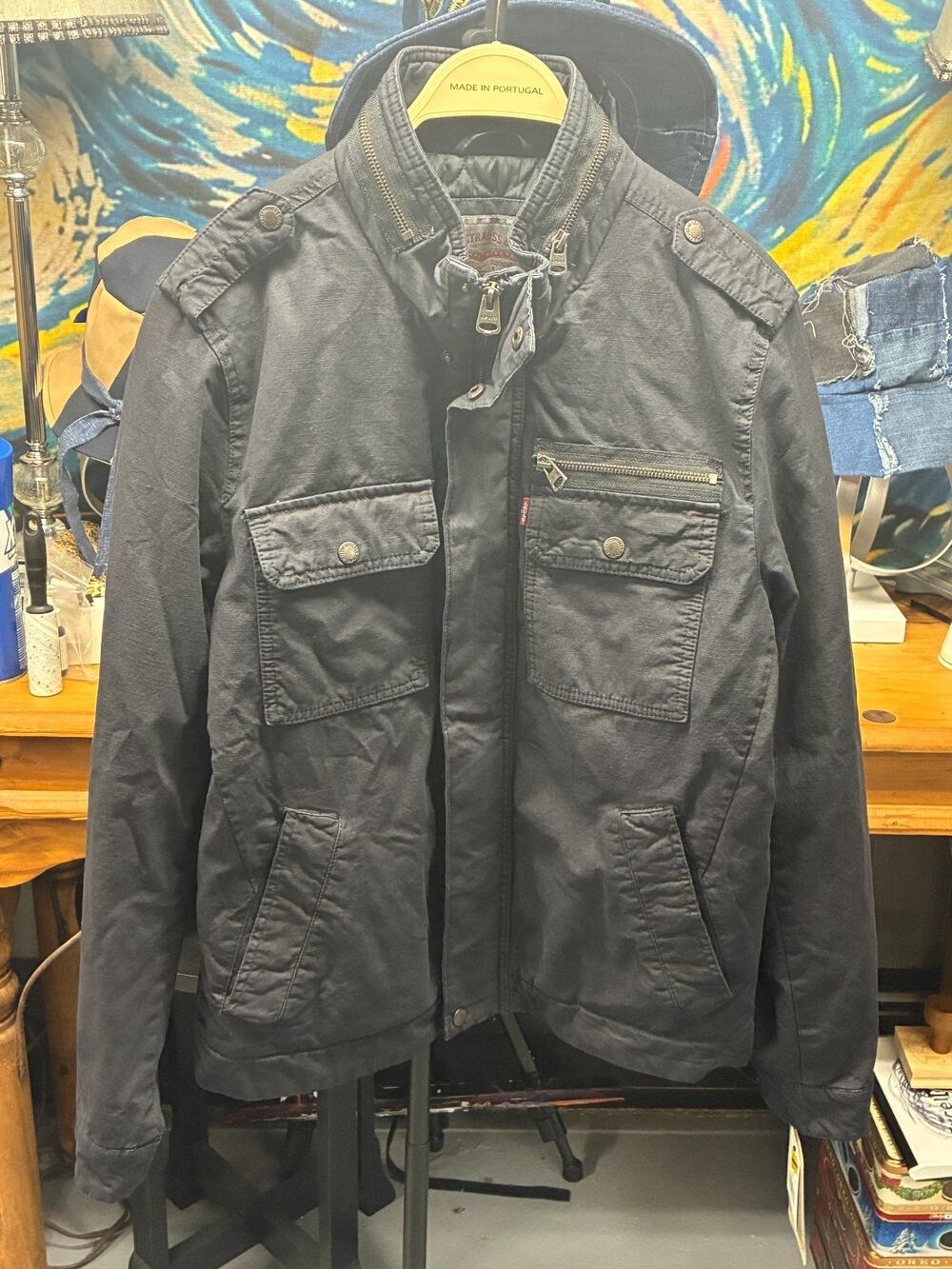 Mens Small Charcoal Gray Military Style Field Jacket Zip Front Utility Pockets